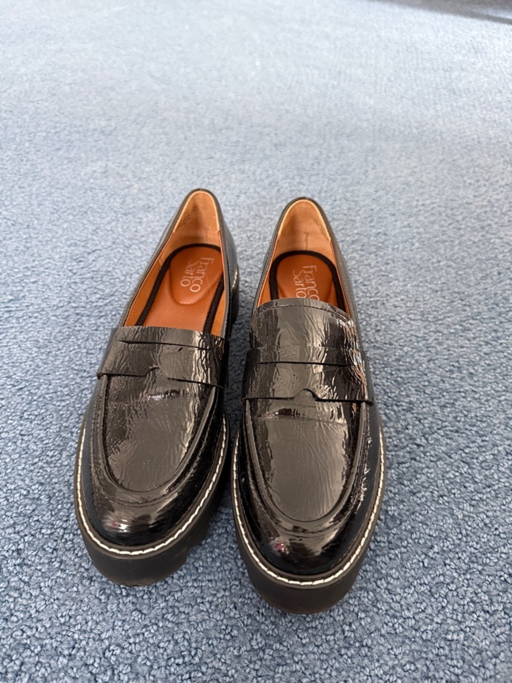 Franco Sarto Black Patent Leather Penny Loafers with Contrast Welt
